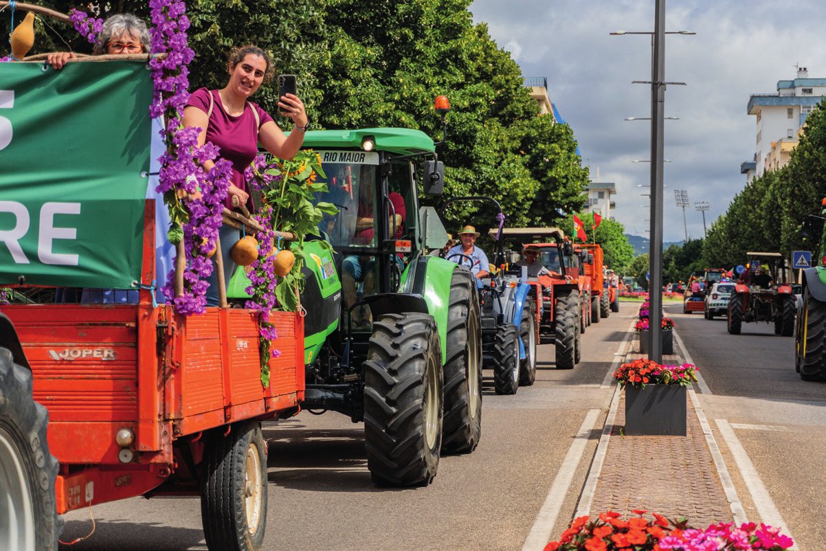 Trator engalanado com flores no desfile